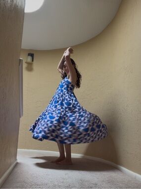 Geometric Blue and White Midi Dress